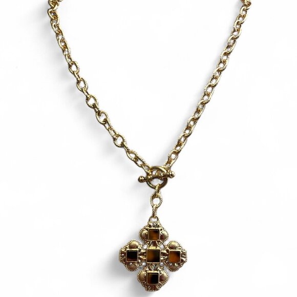 Gold-Tone Maltese Cross Pendant Necklace with Filigree Detailing - Picture 1 of 1
